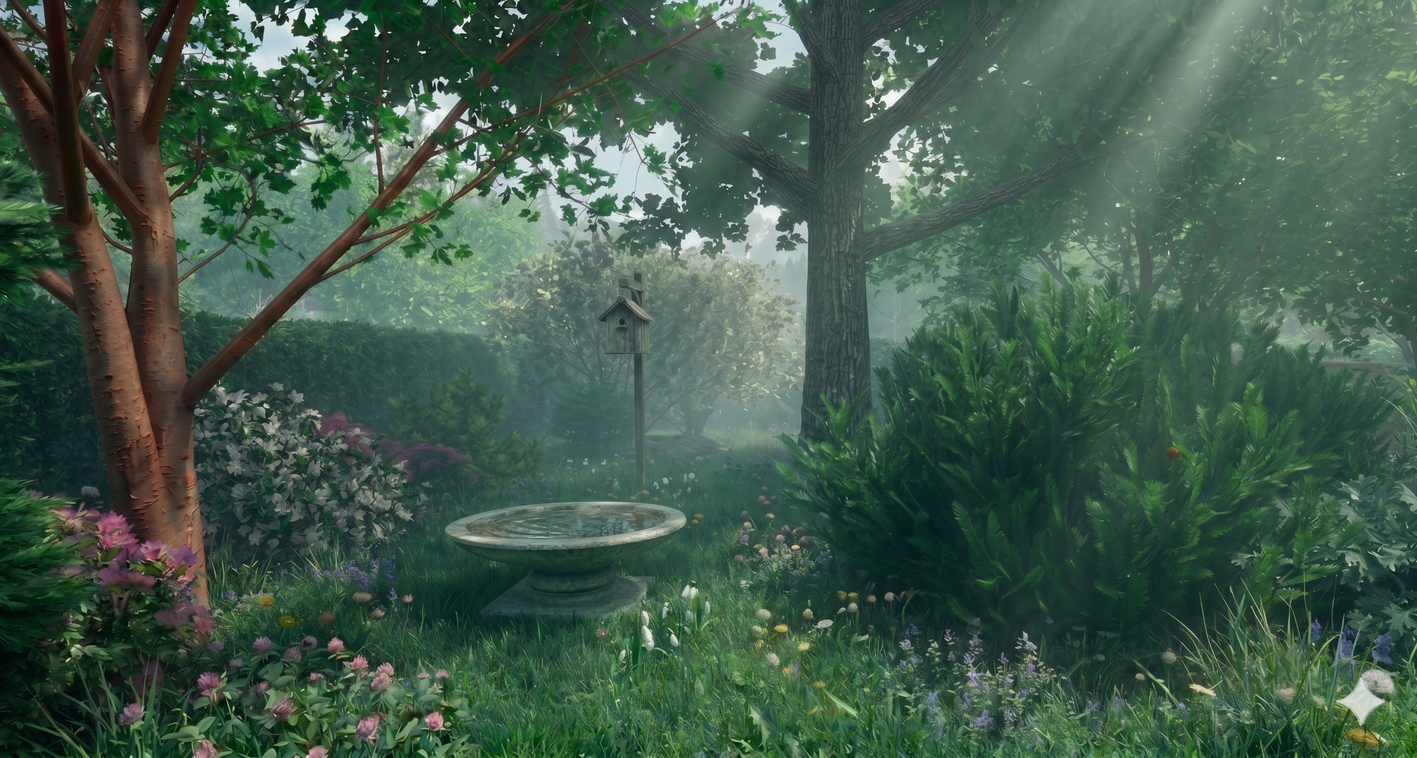 green garden with ponds and fountains
